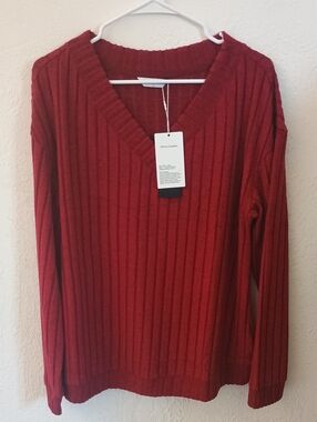 PrettyGarden Women’s Crimson Ribbed V-Neck Sweater